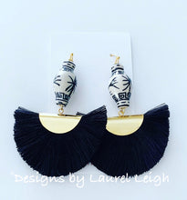 Load image into Gallery viewer, Chinoiserie Ginger Jar Fan Tassel Earrings - Black & White - Ginger jar