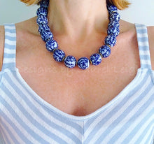 Load image into Gallery viewer, Blue and White Chinoiserie Chunky Floral Chinese Character Statement Necklace - Ginger jar