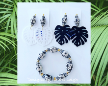 Load image into Gallery viewer, Chinoiserie Tropical Monstera Leaf Statement Earrings - Black & White - Ginger jar