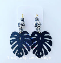 Load image into Gallery viewer, Chinoiserie Tropical Monstera Leaf Statement Earrings - Black & White - Ginger jar