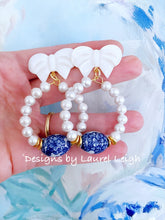 Load image into Gallery viewer, Blue and White Chinoiserie Floral Bow & Pearl Hoop Earrings - 2 Styles - Ginger jar