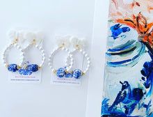 Load image into Gallery viewer, Blue and White Chinoiserie Floral Bow & Pearl Hoop Earrings - 2 Styles - Ginger jar