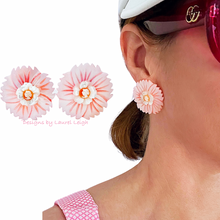 Load image into Gallery viewer, Pink, Orange & White Floral Cameo Pearl Studs - Chinoiserie jewelry