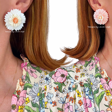 Load image into Gallery viewer, Pink, Orange & White Floral Cameo Pearl Studs - Chinoiserie jewelry