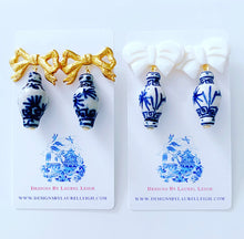 Load image into Gallery viewer, Chinoiserie Ginger Jar Bow Statement Earrings - Blue & White - 3 Styles - Ginger jar