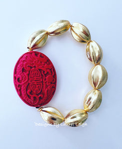 Red Cinnabar Gold Oval Bead Bracelet - Chinoiserie jewelry