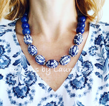 Load image into Gallery viewer, Chunky Blue & White Lapis Chinoiserie Statement Necklace - Oval Porcelain - Ginger jar