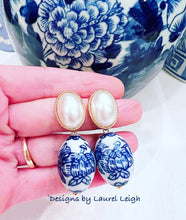 Load image into Gallery viewer, Blue & White Chinoiserie Oval Pearl Earrings - Chinoiserie jewelry
