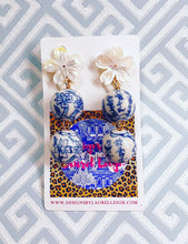 Load image into Gallery viewer, Blue & White Chinoiserie Orchid Double Drop Earrings - Chinoiserie jewelry