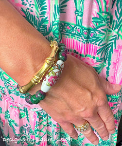 Green & Pink Jade Gemstone Vintage Bead Bracelet - Chinoiserie jewelry