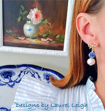 Load image into Gallery viewer, Chinoiserie Coin Bead & Bow / Pearl Drop Earrings - Ginger jar