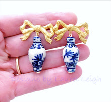 Load image into Gallery viewer, Chinoiserie Ginger Jar Bow Statement Earrings - Blue & White - 3 Styles - Ginger jar