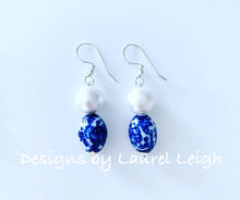 Load image into Gallery viewer, Chinoiserie Pearl Drop Earrings w/ Oval Vintage Floral Beads - Gold or Silver Finish - Ginger jar