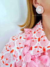 Load image into Gallery viewer, Pink & White Pearl Sunflower Flower Earrings - Chinoiserie jewelry