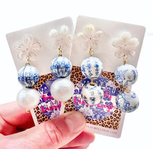 Load image into Gallery viewer, Blue & White Chinoiserie Orchid Double Drop Earrings - Chinoiserie jewelry