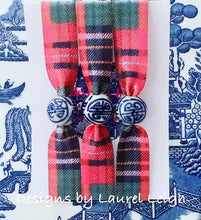 Load image into Gallery viewer, Chinoiserie Elastic Hair Ties- Set of 3 - Red Tartan Plaid - Ginger jar