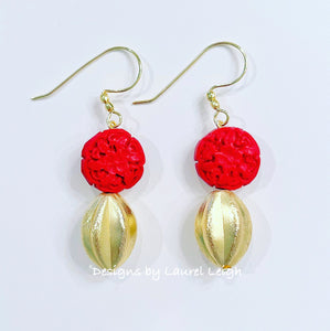 Chinoiserie Red & Gold Cinnabar Drop Earrings - Chinoiserie jewelry