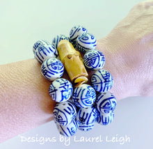 Load image into Gallery viewer, Chunky Blue and White Chinoiserie Bamboo Statement Bracelet - Ginger jar