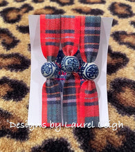 Load image into Gallery viewer, Chinoiserie Elastic Hair Ties- Set of 3 - Red Tartan Plaid - Ginger jar