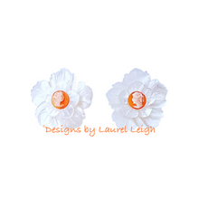 Load image into Gallery viewer, Orange & White Floral Cameo Pearl Studs - Chinoiserie jewelry