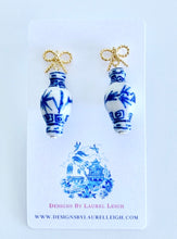 Load image into Gallery viewer, Chinoiserie Ginger Jar Bow Statement Earrings - Blue & White - 3 Styles - Ginger jar
