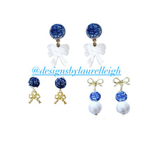 Load image into Gallery viewer, Chinoiserie Coin Bead & Bow / Pearl Drop Earrings - Chinoiserie jewelry