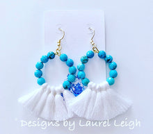 Load image into Gallery viewer, Gemstone Beaded Tassel Hoop Earrings - White or Black & Turquoise - Ginger jar