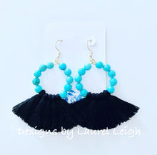Load image into Gallery viewer, Gemstone Beaded Tassel Hoop Earrings - White or Black & Turquoise - Ginger jar