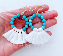 Load image into Gallery viewer, Gemstone Beaded Tassel Hoop Earrings - White or Black & Turquoise - Ginger jar