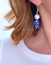 Load image into Gallery viewer, Chinoiserie Pearl Drop Earrings w/ Oval Vintage Floral Beads - Gold or Silver Finish - Ginger jar