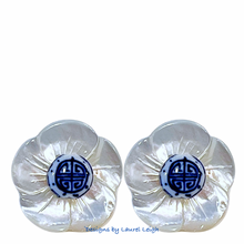 Load image into Gallery viewer, Blue &amp; White Pearl Flower Studs - Chinoiserie jewelry