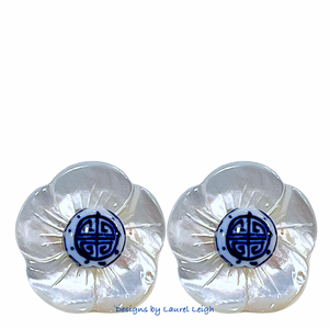 Blue & White Pearl Flower Studs - Chinoiserie jewelry