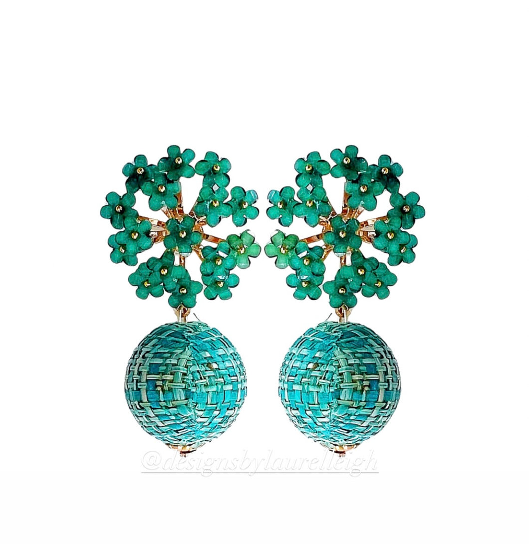 Green Hydrangea Raffia Drop Earrings - Chinoiserie jewelry