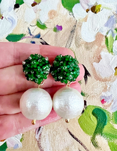 Load image into Gallery viewer, Green Hydrangea Blossom Pearl Drop Earrings