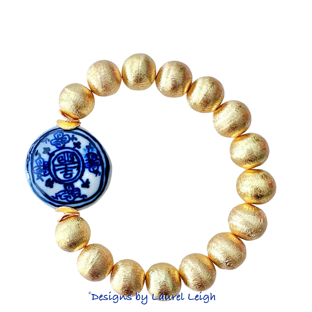 All Blued ROUND BRACELET CARVED（GOLD） Chunky Gold Chinoiserie Focal Bead Bracelet– Designs by Laurel Leigh