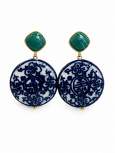 Load image into Gallery viewer, Green Gemstone Chinoiserie Coin Earrings