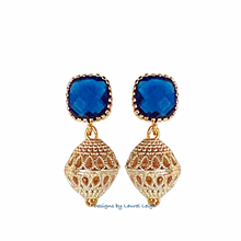 Load image into Gallery viewer, Dainty Gold Filigree &amp; Blue Gemstone Earrings