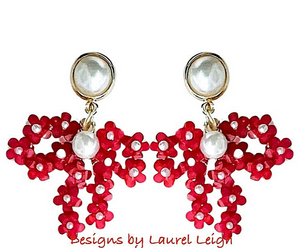 Red Hydrangea Bow Pearl Earrings