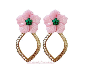 Pink & Green Scalloped Floral Pearl Earrings - Chinoiserie jewelry