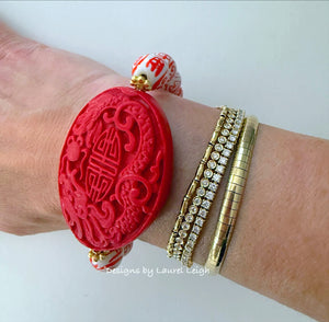 Red Chinoiserie Cinnabar Focal Bead Bracelet