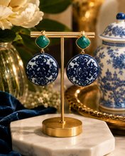 Load image into Gallery viewer, Green Gemstone Chinoiserie Coin Earrings
