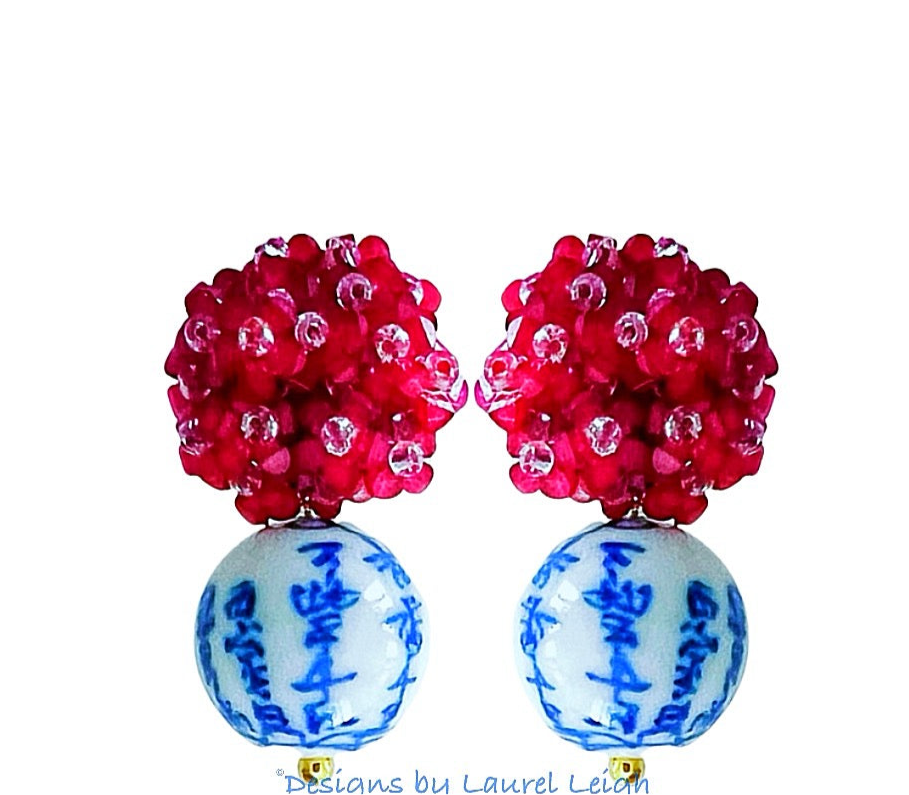 Chinoiserie Red Hydrangea Blossom Earrings