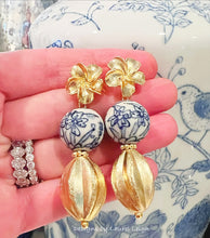 Load image into Gallery viewer, Chinoiserie Gold Floral Drop Earrings - Chinoiserie jewelry
