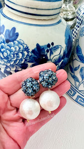 Blue Hydrangea Blossom Pearl Drop Earrings