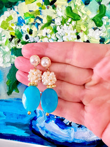 Aqua Gemstone Pearl Cluster Earrings - Chinoiserie jewelry