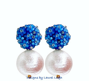 Blue Hydrangea Blossom Pearl Drop Earrings