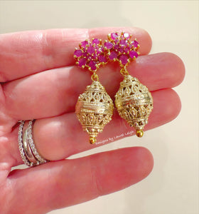 Pink Gemstone Gold Filigree Drop Earrings