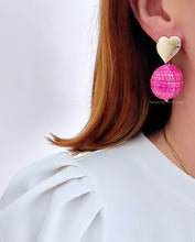 Load image into Gallery viewer, Hot Pink Raffia Heart Drop Earrings - Chinoiserie jewelry