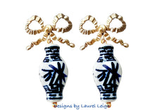 Load image into Gallery viewer, Dark Blue Ginger Jar Ruffled Bow Earrings - Chinoiserie jewelry