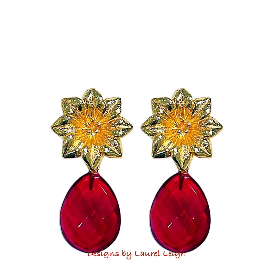 Gold Floral Red Gemstone Drop Earrings - Chinoiserie jewelry
